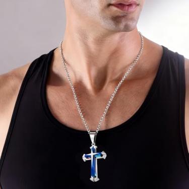 Imagem de Colar masculino de cruz de aço de titânio, colar de liga cruzada, com corrente de elos de bambu de camada dupla para presente de joias masculinas, One Size, Metal, Sem Pedra Preciosa
