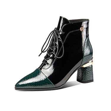 Imagem de TinaCus Patente e couro legítimo bota feminina feita à mão salto bloco bico fino com cadarço no tornozelo, B Verde, 9