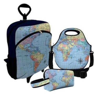 Imagem de Kit Escolar Mochila de Rodinha + Lancheira + Necessaire Plus – ISOPRENE – Mapa Mundi Azul-Unissex