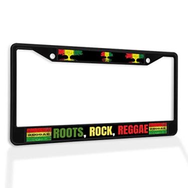 Imagem de Fastasticdeals Raízes de moldura de placa de carro com inserção de metal, Rock, Reggae Jamaica, acessórios de carro à prova de intempéries preto 2 furos inserção sólida