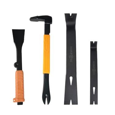 Imagem de MANUFORE Conjunto de extrator de unhas com 4 peças, barra plana de 30,5 cm, barra plana de 19 cm, barra de corvo de 30 cm com martelo, cinzel de 23 cm (laranja)