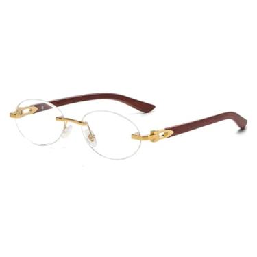 Imagem de HCPIHF Óculos de sol vintage sem aro oval feminino para homens, armação de metal punk de luxo com rebites e haste de grão UV400 (dourado)