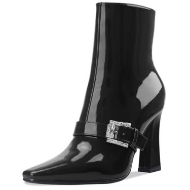 Imagem de Perisis Botas de cano curto, salto alto, grosso, preto, bico quadrado, fechado, curto, com zíper lateral, salto de 10 cm, padrão de crocodilo para mulheres e mulheres sexy, Patente preta, 42