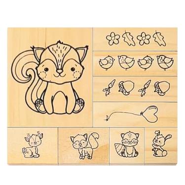 Imagem de Conjunto de 9 peças de carimbos de madeira com tema de animais da floresta fofos - esquilo, raposa, coelho, veado, pintinho, folhas, flores, cenoura, rabanete e balão de coração para álbuns, confecção