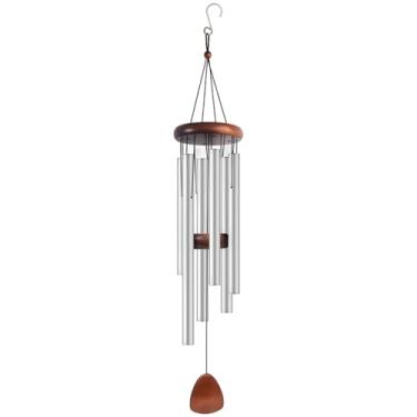 Imagem de Sinos de vento de alumínio prata de 66 cm, 6 tubos, base de madeira e metal, ideal para presentes de casamento e decoração de casa, 65 cm