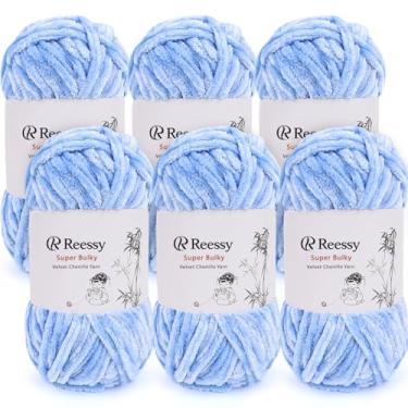 Imagem de Reessy Pacote de fios de chenille de veludo – 6 novelos × 100 g super volumosos (CYC #6) – Veludo macio grosso para crochê e tricô, fio de chenille fofo para cobertores, cachecóis e artesanato (azul
