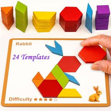 Imagem de PHIELEY Dementia Activities for Patients, 80 Pieces Wooden Tangrams Cognitive Game for Seniors, Colorful Shape Pattern Alzheimers Products for Elderly, Easy Tile Matching Memory Puzzle Board Gifts