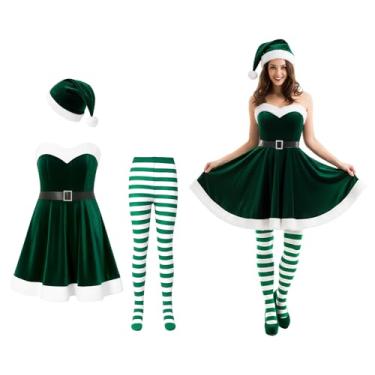 Imagem de Haysandy Fantasia feminina de Natal, fantasia doce, vestido de veludo com meia-calça, chapéu para meninas, Natal, Papai Noel, cosplay (verde, GG)