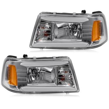 Imagem de Conjunto de farol atualizado com luz de canto compatível com farol Ford Ranger 2001-2011, par de substituições integrais com barra de luz de tubo DRL LED, caixa cromada, canto âmbar, esquerda +