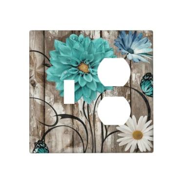 Imagem de SgEdao Capas decorativas de margarida turquesa design floral vintage em madeira rústica placa de parede de 2 gangues interruptor de luz dupla interruptor de luz para decoração de casa de fazenda