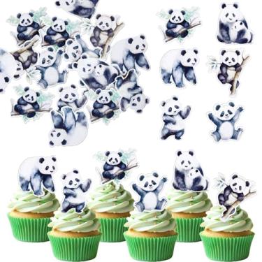 Imagem de Pacote com 60 topos de cupcake de panda comestível, papel de arroz, animais de bambu, panda fofo, decorações de cupcake para animais, tema de animais, chá de bebê, crianças, festa de aniversário, bolo