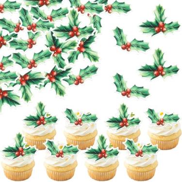 Imagem de Pacote com 60 enfeites de bolo comestíveis de folhas de azevinho de Natal, palitos de cupcake, papel aquático, decorações de bolo de Natal para meninos ou meninas, chá de bebê, suprimentos de festa de