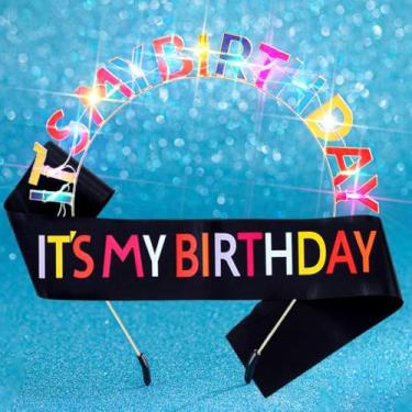Imagem de Uranian Light Up It's My Birthday Headbands and Sash LED Birthdays Hairband Crowns Glowing Happy Birthday Hair Accessories for Women