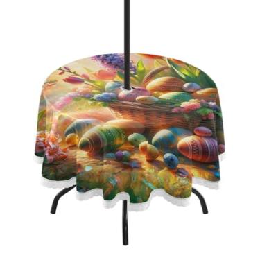 Imagem de Blueangle Toalha de mesa redonda de 152 cm à prova d'água com lindos ovos de Páscoa com orifício para guarda-chuva - Tecido resistente para todos os climas à prova de sol para pátio, acampamento
