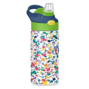 Imagem de Blueangle Garrafa de água isolada de aço inoxidável com respingos de tinta colorida de 350 ml com tampa de canudo - Garrafa esportiva reutilizável à prova de vazamento para viagens, ao ar livre (383)