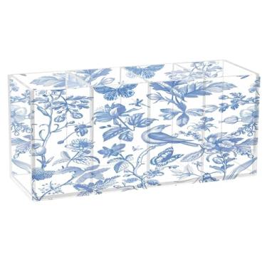 Imagem de SEHANY Lindo porta-canetas de acrílico com flores em aquarela, pássaro, 4 compartimentos, porta-lápis transparente, organizador de pincéis de maquiagem, organizador de papelaria para escritório, casa