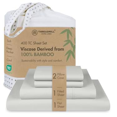 Imagem de Threadmill Lençóis King Size de viscose de luxo feitos de bambu | Macio tipo hotel com bolsos profundos, respirável e refrescante para colchão, roupa de cama cinza claro