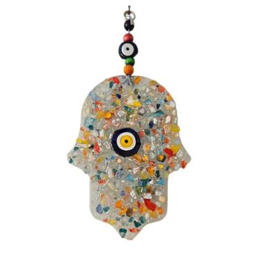 Imagem de MYSTIC JEWELS - Amuleto de mão de Fátima para pendurar na parede em vidro mosaico, olho turco, 12 x 20 cm, decoração de boa sorte com contas multicoloridas, ornamento de proteção doméstica