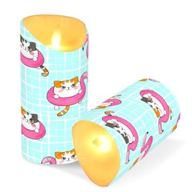 Imagem de Blueangle Pacote com 2 velas de flamingo para gatos sem chama com controle remoto e temporizador, velas LED cintilantes (7,6 cm x 9,9 cm) para decoração de casa, casamento, acampamento (701)