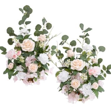 Imagem de Ling's moment Arranjos de flores artificiais de 44,5 cm de altura, 2 peças, decorações de cadeira de corredor de casamento, blush e creme, centros de mesa para recepção de cerimônia, rosa, floral