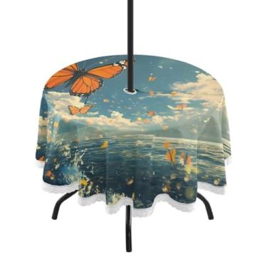 Imagem de CEBUGI Toalha de mesa redonda para uso externo, borboleta, impermeável, com furo Umberlla, capa de mesa lavável para pátio, cozinha, sala de jantar, 152 cm