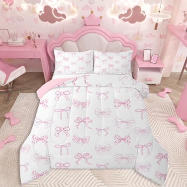 Imagem de jejeloiu Conjunto de edredom casal com laço rosa, para crianças, meninos, meninas, estilo princesa, sonhador, edredom, decoração de quarto de microfibra, 3 peças com 2 fronhas