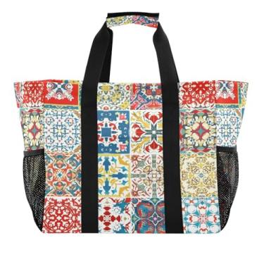 Imagem de Kigai Sacolas de mercearia reutilizáveis, estampa de azulejo mexicano, grande, sacola de compras, resistente à água, bolsa de piscina dobrável para roupas, sapatos e piqueniques