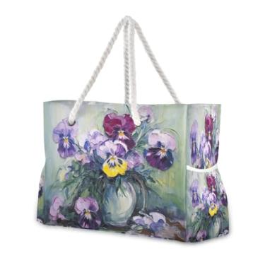 Imagem de Wassud Bolsa de praia grande para mulheres, vaso branco, impermeável, à prova de areia, bolsa de viagem com zíper e bolso para piscina, academia, acampamento