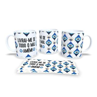 Imagem de Caneca Decorativa com Mensagem Pra Semana, Porcelana Branca, Design Olho Grego, Frase Motivacional em Português, Padrão Círculos Azuis (10562)