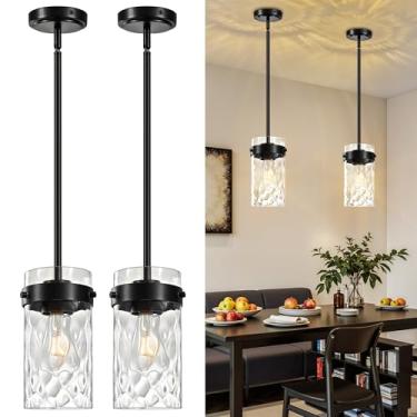 Imagem de Vaziden Iluminação pendente de vidro martelado de 12 cm para ilha de cozinha, pacote com 2, luminárias pendentes pretas modernas, luminária pendente de teto ajustável para cozinha, ilha, sala de