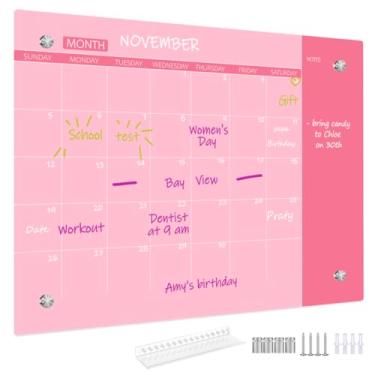 Imagem de Quadro branco apagável a seco, quadro branco de calendário mensal, 30,5 x 40,6 cm, quadro branco de vidro sem moldura para casa, escola, escritório, superfície rosa (GlassA-PK-3040)
