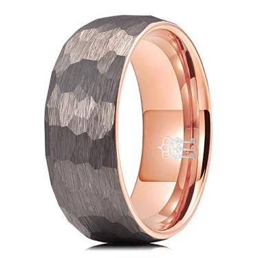 Imagem de Anéis de casamento de tungstênio martelado com três chaves, 4 mm, 6 mm, 8 mm, cinza, ouro rosa, anel de noivado interno