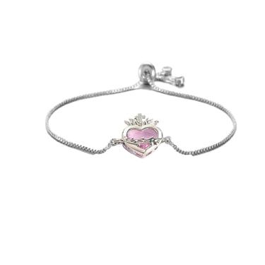 Imagem de CHUQIU Pulseiras femininas com pingente de coração de Jesus banhado a prata e zircão vermelho/rosa / prata para presentes cristãos, pink zircon silver, Sem Pedra Preciosa