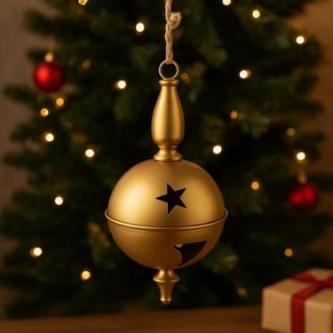 Imagem de Guizo Natal Decorativo Metal Dourado 20cm Enfeite Rústico Pendente Bol