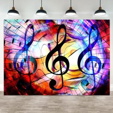 Imagem de ASDCXZ Cenário musical de 3 x 2,4 m, fundo de notação musical para fotografia, decoração de notas musicais coloridas, faixa de aniversário de músico, karaokê, show, evento, cabine de fotos