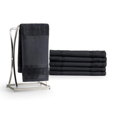 Imagem de Kit 6 Toalhas de Lavabo Luxo Aveludada, 100% Algodão, Preta, 30 x 50 cm, Canelada, com Barra Lisa para Pintura e Bordado, 420g/m², Fio Retorcido