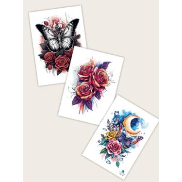 Imagem de 3 peças multicoloridas sonhadoras elegantes minimalistas rosa borboleta curva lua padrão braço peito abdominal atrás perna corpo cicatriz temporária impermeável tatuagem adesivo