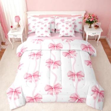 Imagem de Erosebridal Conjunto de edredom com laço rosa, 7 peças, solteiro, estilo princesa, com laço, edredom e lençol kawaii, fita sonhadora, decoração de quarto