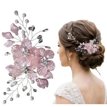 Imagem de 1 pacote com grampo de cabelo de pérola estilo coreano, acessórios de cabelo com flores delicadas, para tiara lateral de noiva e casamento (rosa)