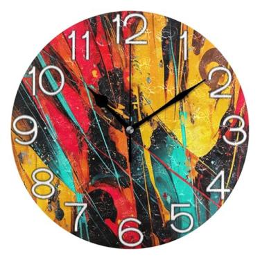 Imagem de GAIGEO Relógio de parede analógico decorativo de arte abstrata vermelho azul amarelo para sala de aula relógio de escritório redondo sem tique-taque silencioso, decoração de parede retrô moderna art