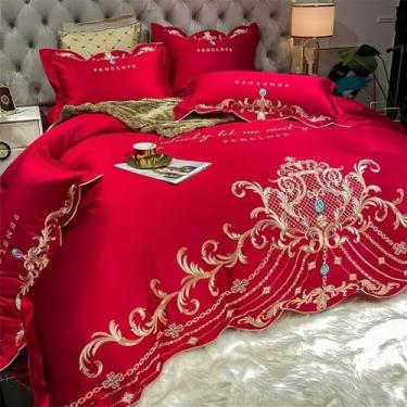 Imagem de Conjunto de cama Style com bordado em cetim, capa de edredom dupla, lençóis e fronhas em puro algodão, vermelho, lençol de baixo com elástico para cama de 1,80 m.