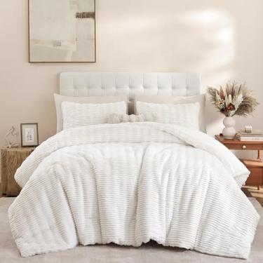 Imagem de YIKUSH Conjunto de cama de solteiro, branco fofo, pele de coelho sintética, felpuda, felpuda, ultramacia e quente, 1 edredom com 1 fronha