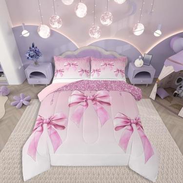 Imagem de Erosebridal Conjunto de edredom com estampa de lantejoulas brilhantes e laço rosa para meninas, elegante, glamouroso, romântico