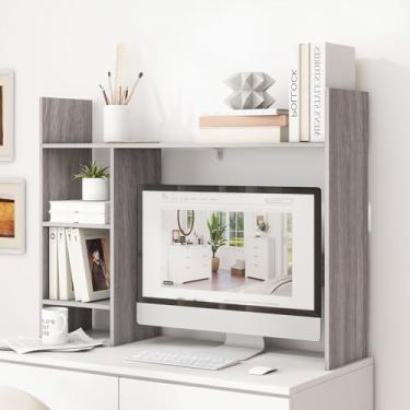 Imagem de FTZxHKLX Estante de mesa de mesa, suporte de mesa de madeira para monitor de computador de até 68 cm com 3 prateleiras de armazenamento abertas, organizador de mesa grande de 4 camadas para dormitório