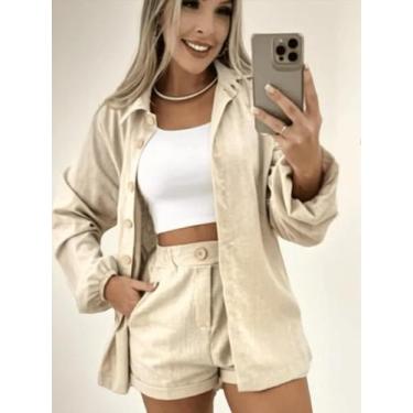 Imagem de Conjunto Feminino Alfaiataria em Linho Camisa Manga Longa Simples Shor