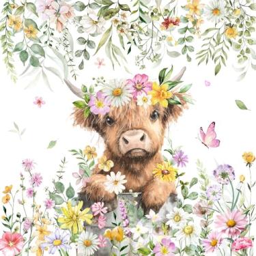 Imagem de Mocsicka Cortina de chuveiro Spring Highland Cattle Highland Cow aquarela floral para banheiro Hello Spring Farmhouse Cortinas de chuveiro de tecido impermeável decoração de banheira com 12 ganchos