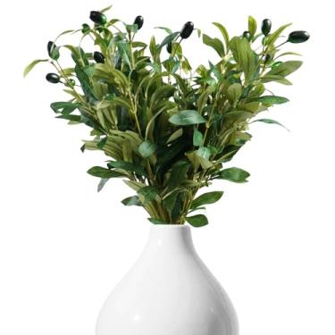 Imagem de 10 ramos artificiais de oliveira com azeitonas realistas, caules de folhas de oliveira falsas para vaso, plantas falsas, decoração de vegetação para quarto, festa de casamento, mesa interna (4 ramos