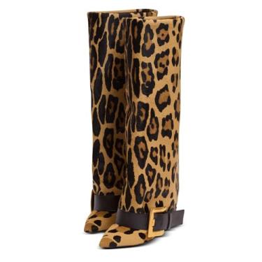 Imagem de XEYANFYS Botas femininas dobráveis, bico fino, salto agulha até o joelho, sapatos sociais sexy, Lopard, 35