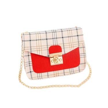 Imagem de Bolsa transversal xadrez feminina – Bolsa de ombro quadrada pequena estilo coreano com fecho de trava, Vermelho, Medium, Mochila casual