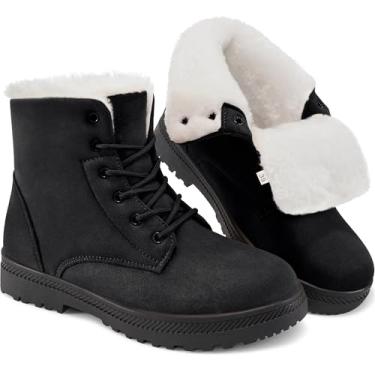 Imagem de HARENCE Botas de neve de inverno para mulheres: Botas de tornozelo forradas com pele quente com cadarço, botas femininas para caminhada ao ar livre, Preto, 35